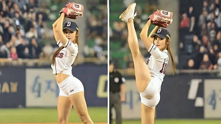 Ceremonial first pitch with a high-kick windup