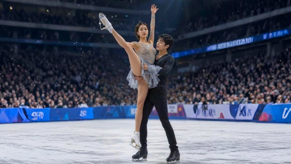 Pairs figure skating lift with elegant leg line
